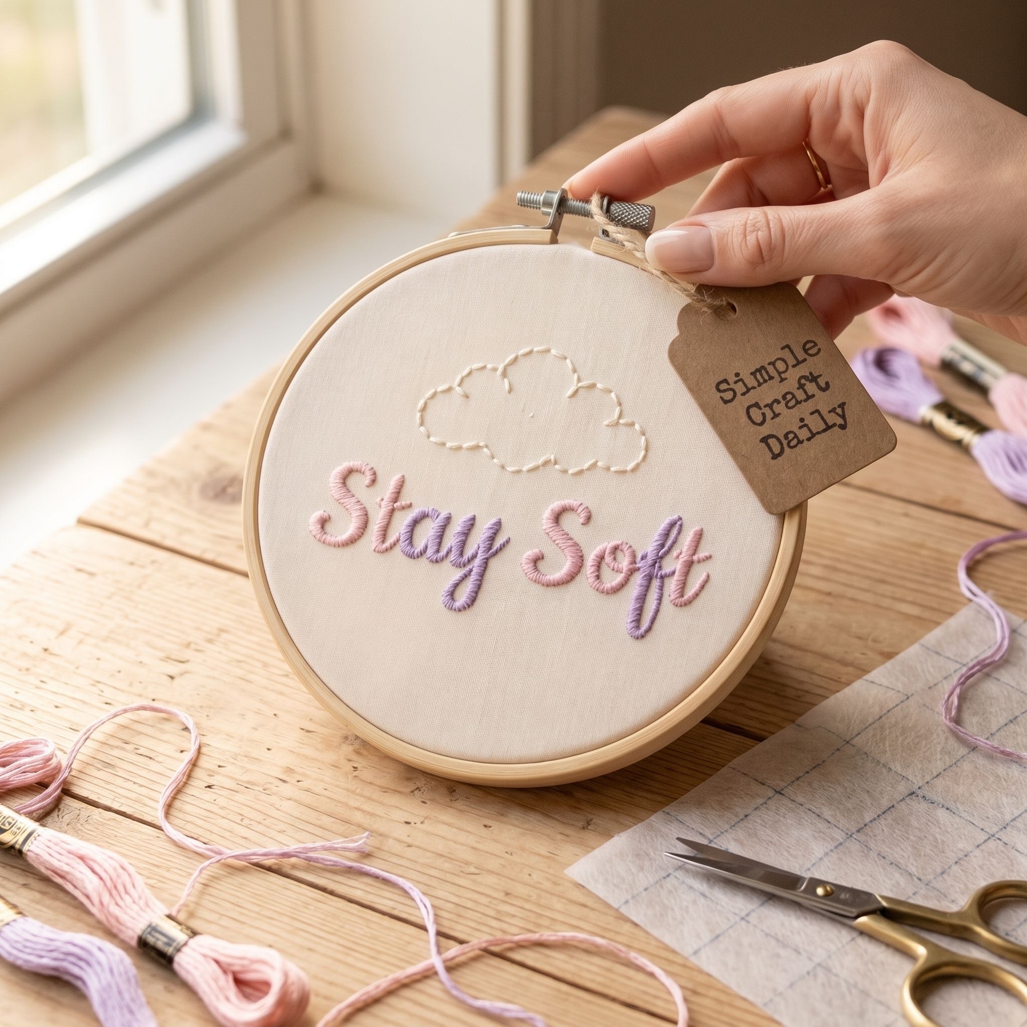 DIY embroidered wall art in a pastel hoop with Stay Soft satin-stitch lettering