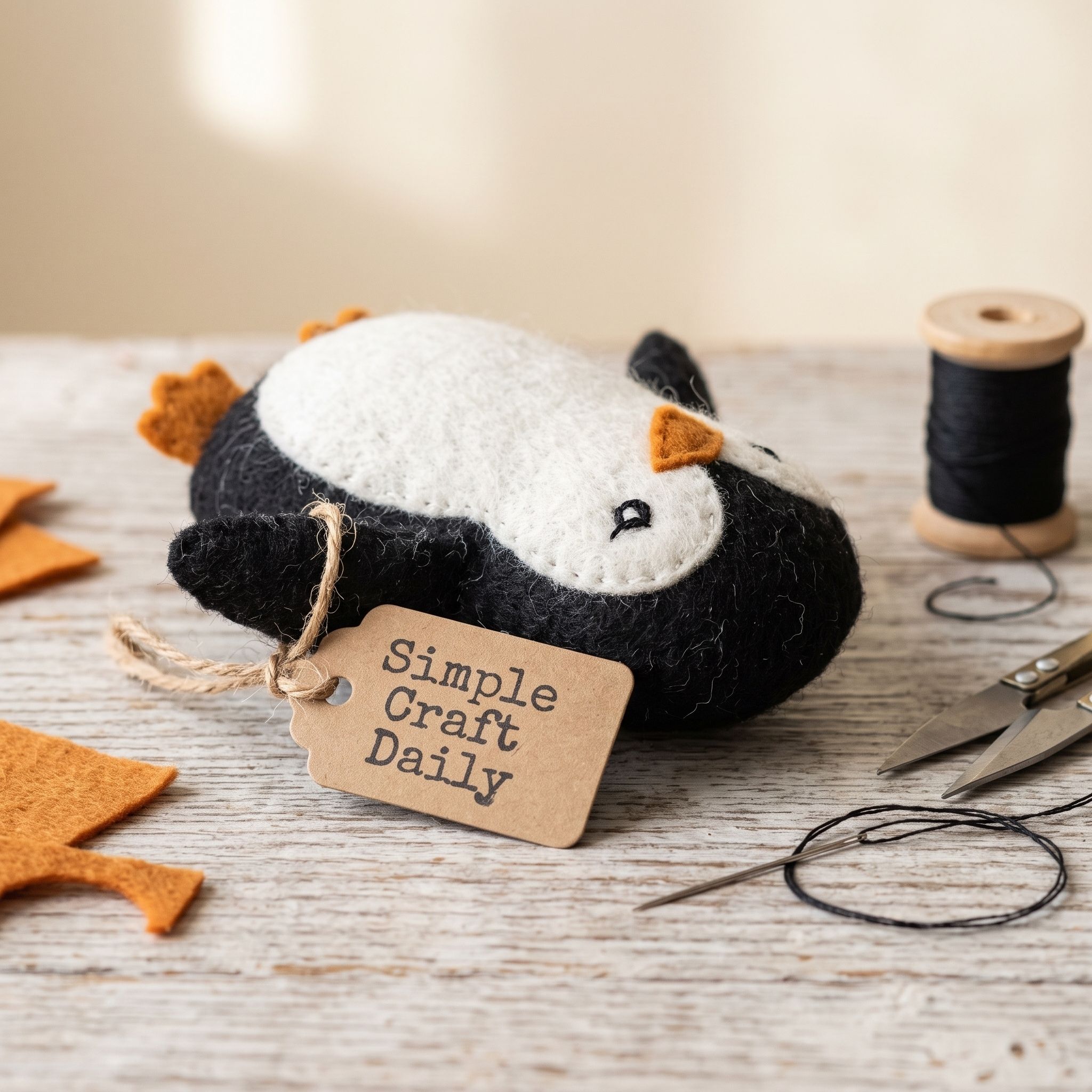 DIY Handmade Stuffed Animals tiny black and white felt penguin with orange feet
