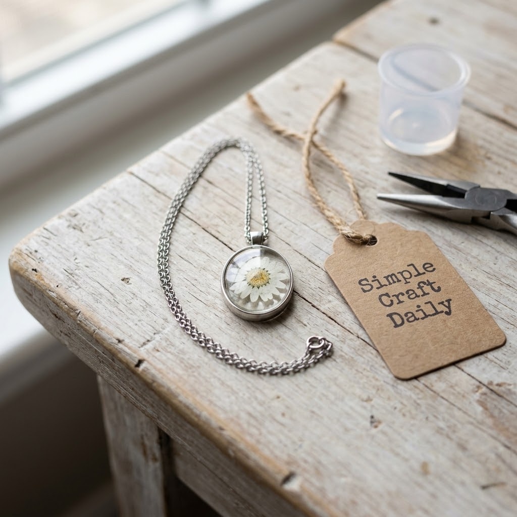 Botanical DIY decor pendant with a tiny white pressed flower under clear glass