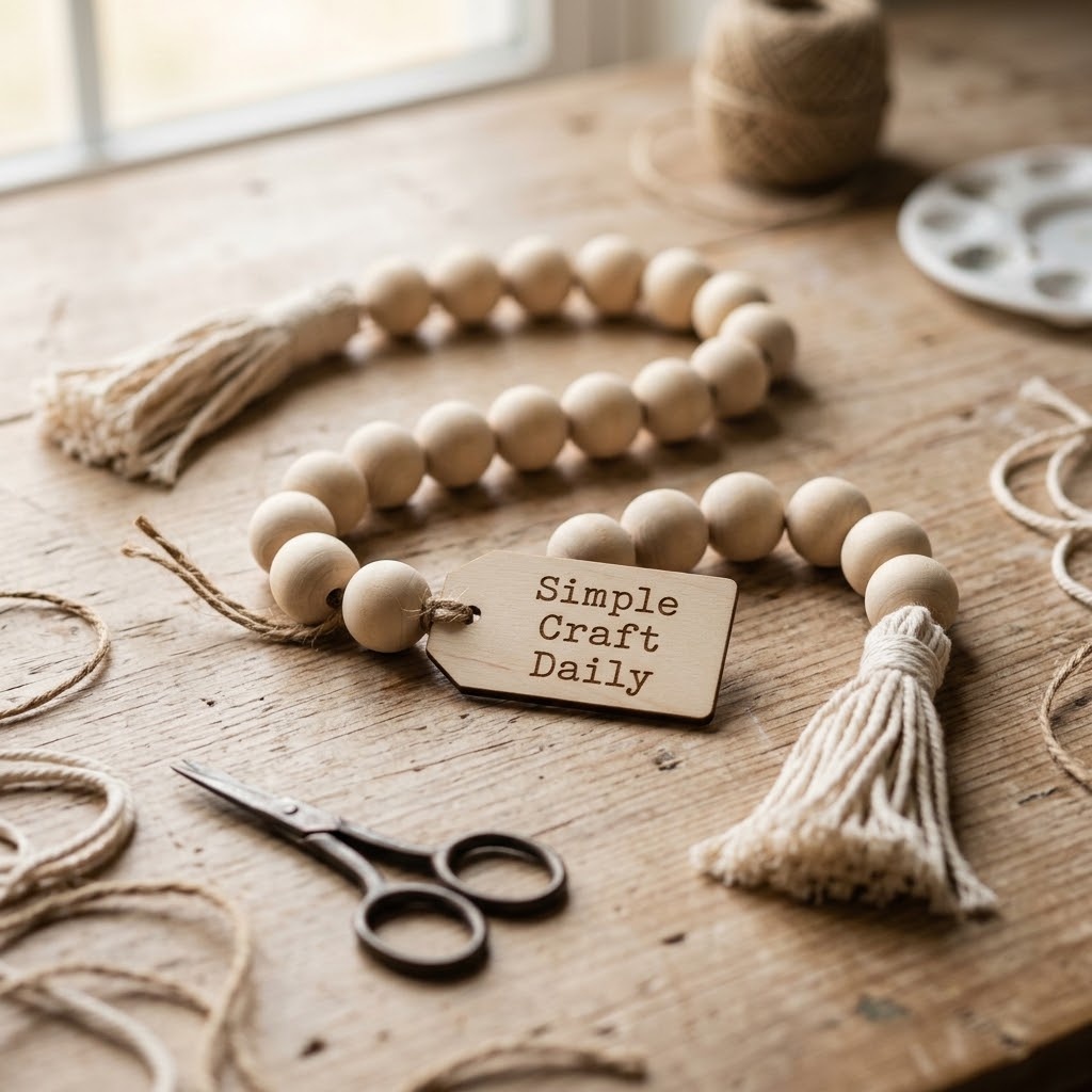 DIY fall decorations wood bead garland with natural cotton tassels