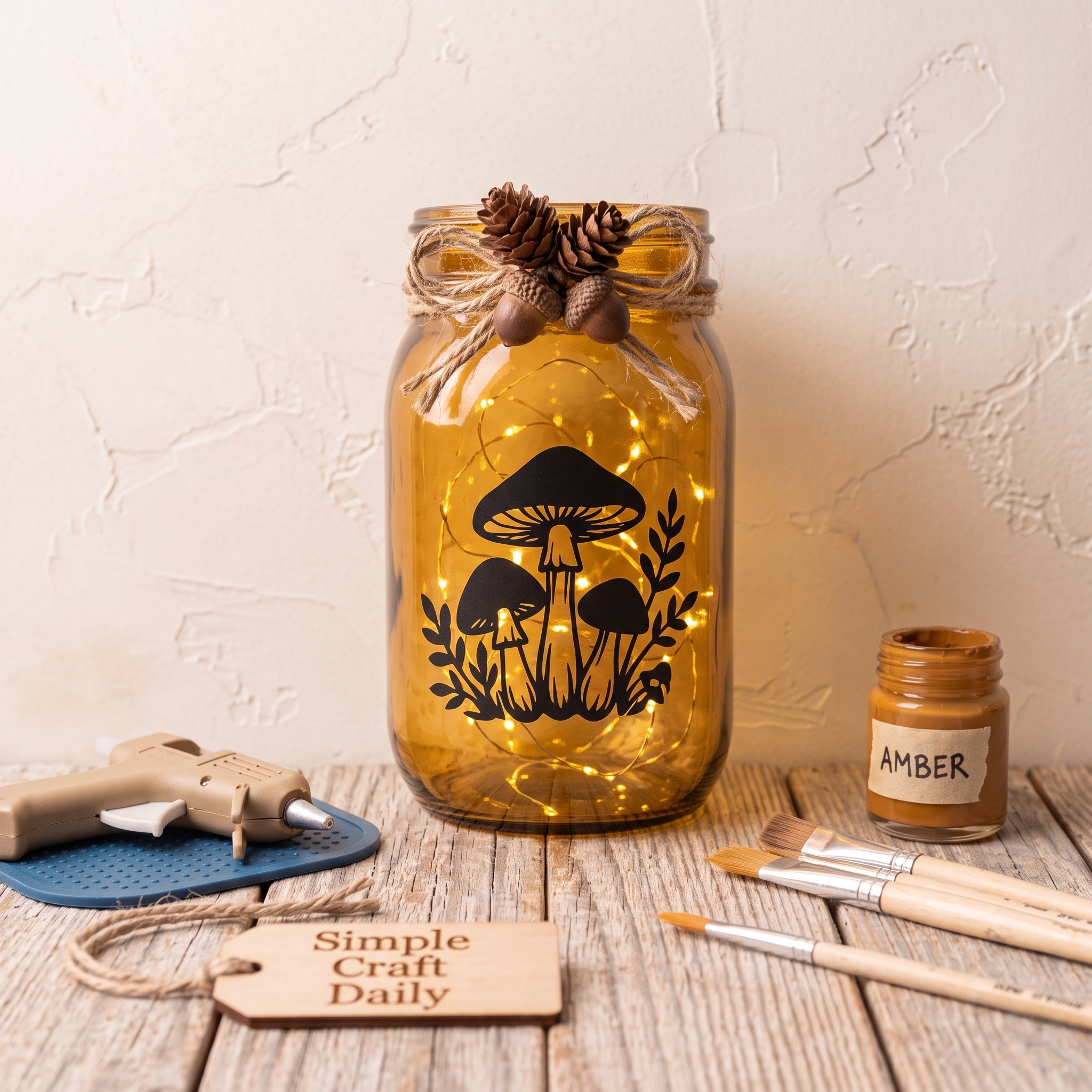 Amber mason jar lantern with woodland mushroom silhouette and warm LED lights