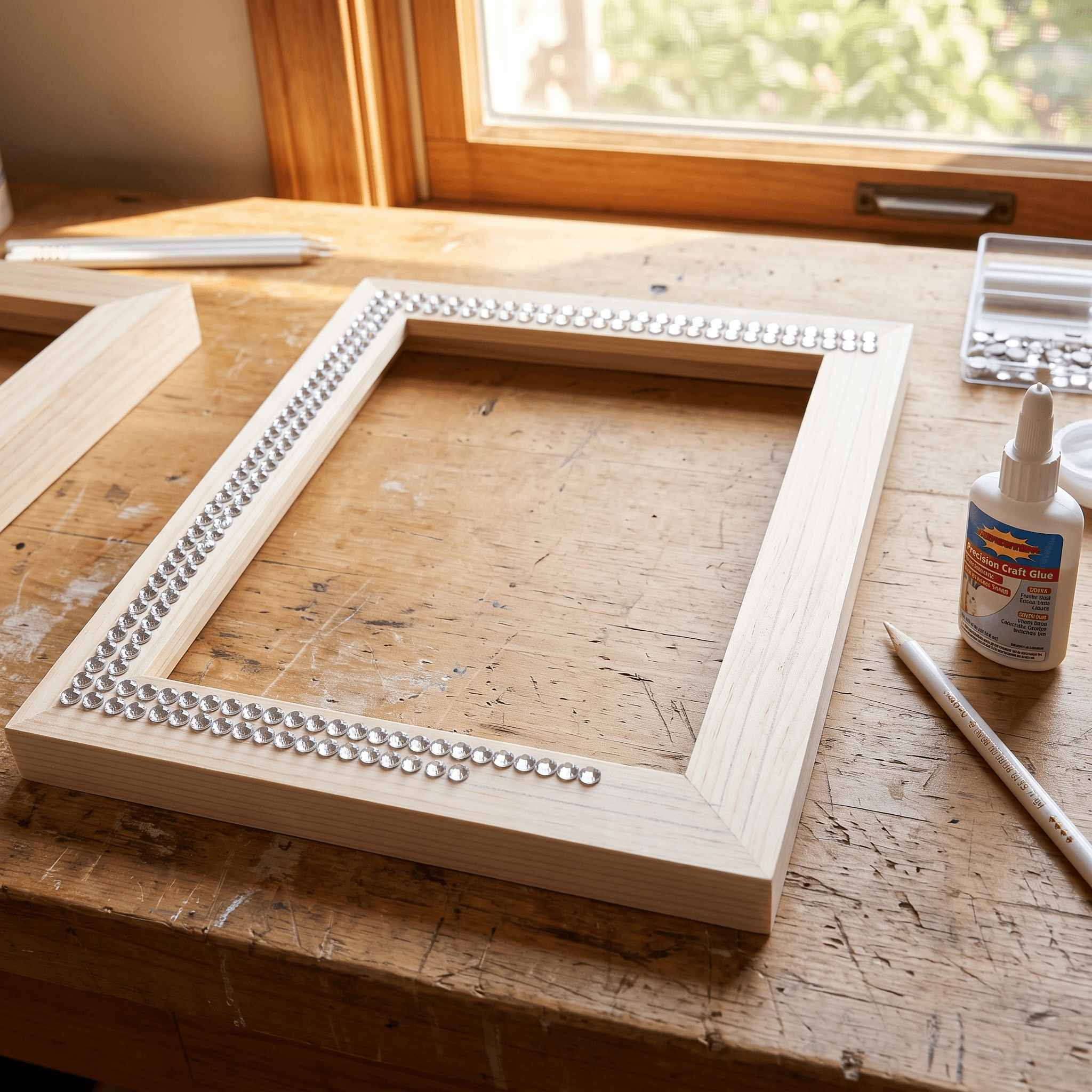 Unfinished wooden picture frame being decorated with rows of clear rhinestones.