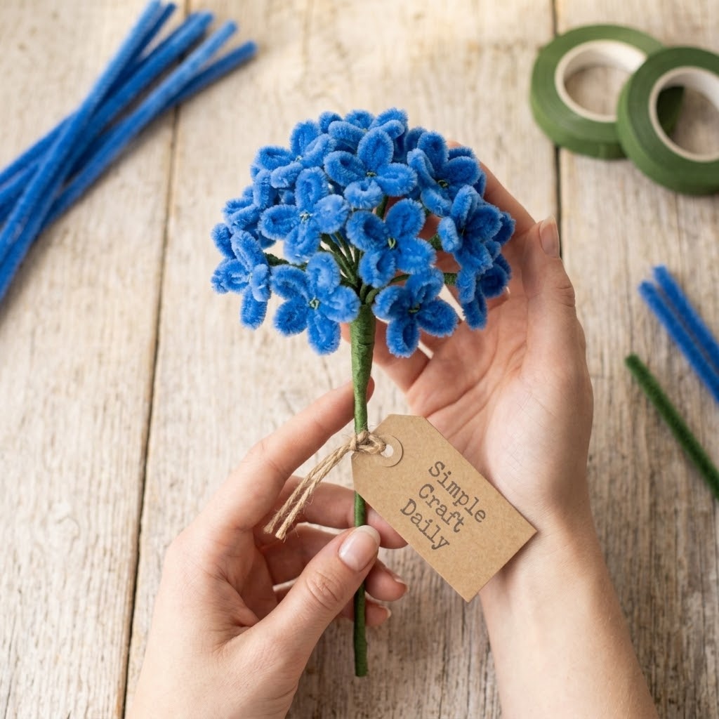 Blue DIY pipe cleaner flowers grouped into a rounded hydrangea cluster