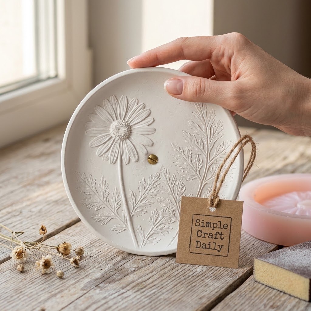 Matte white plaster trinket dish with embossed daisy and leaf relief