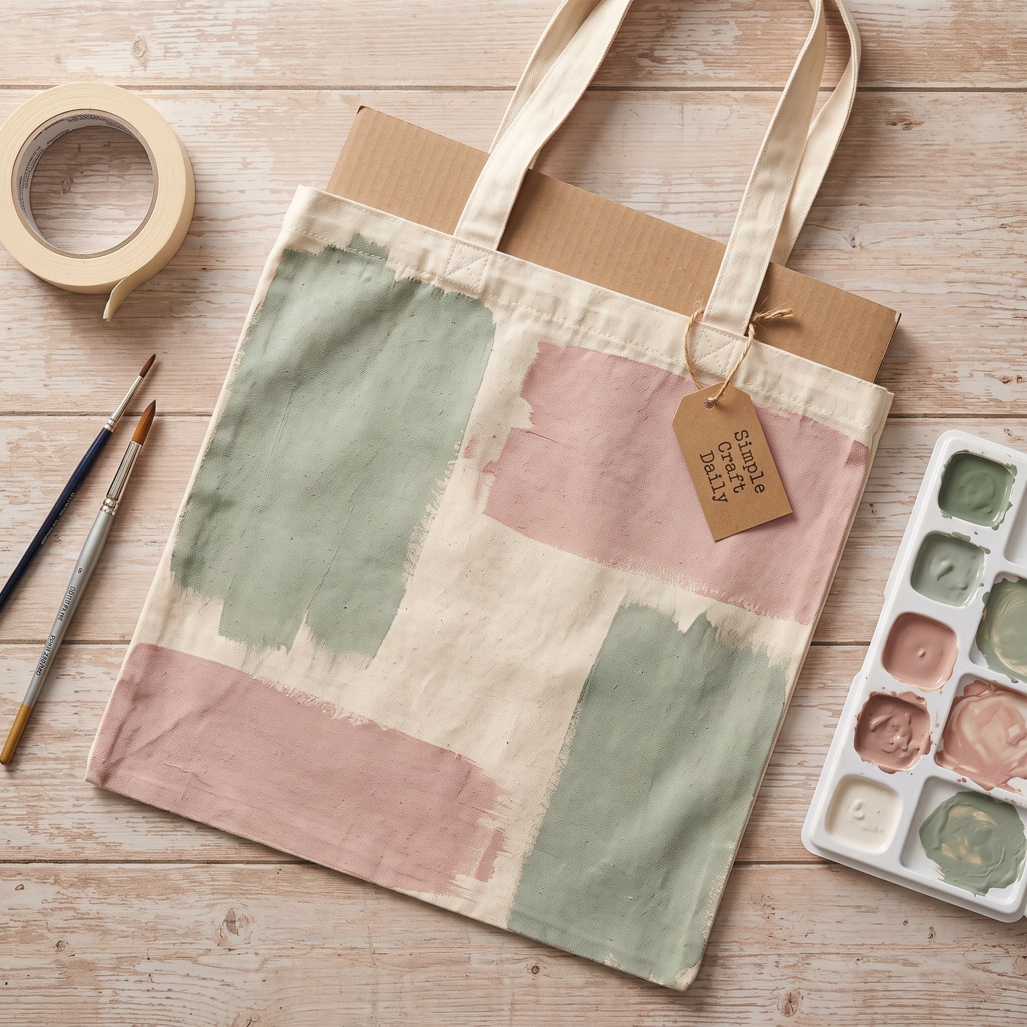 Custom canvas tote bag with muted sage and dusty-pink color blocks