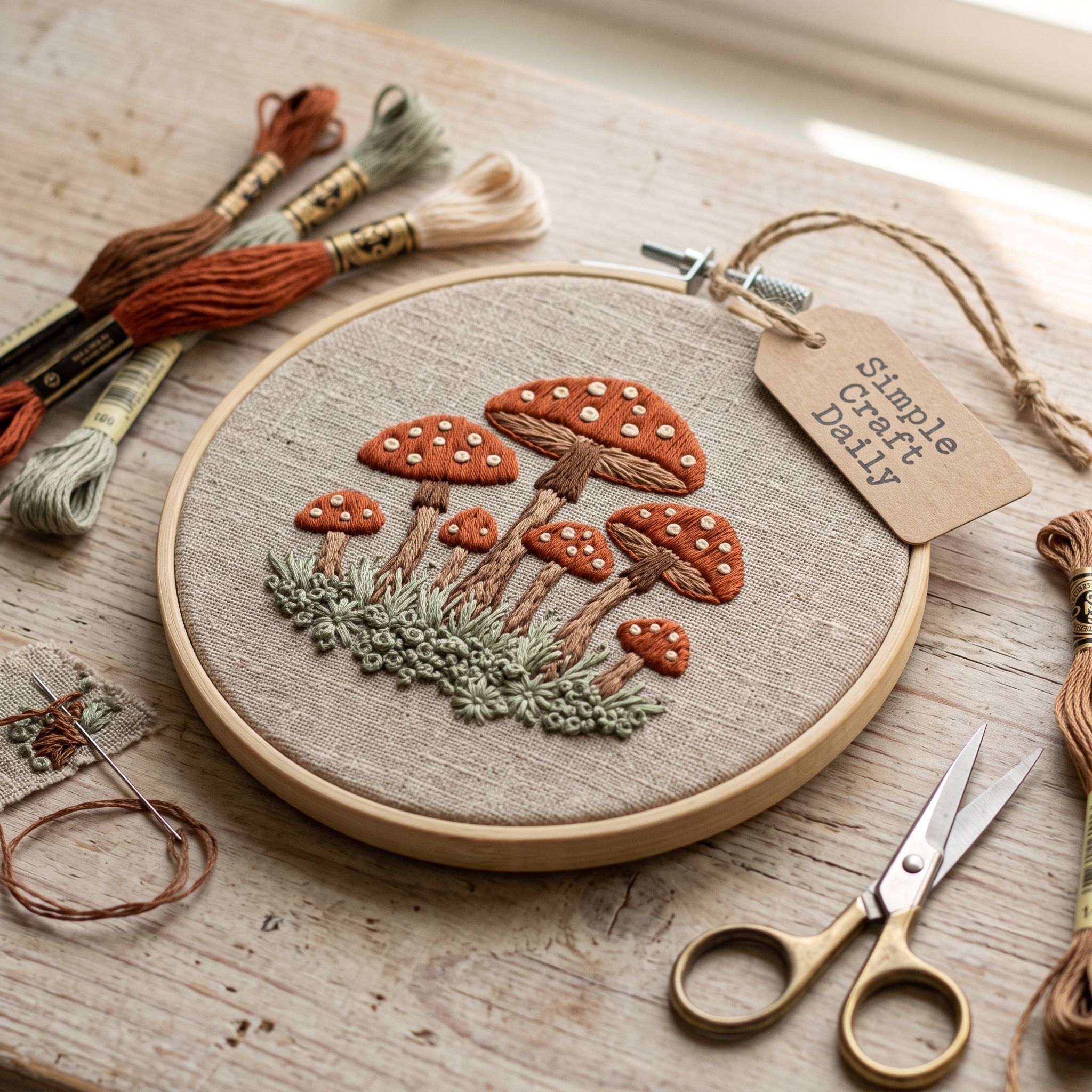 Rust and cream mushrooms stitched on natural linen in a small bamboo hoop
