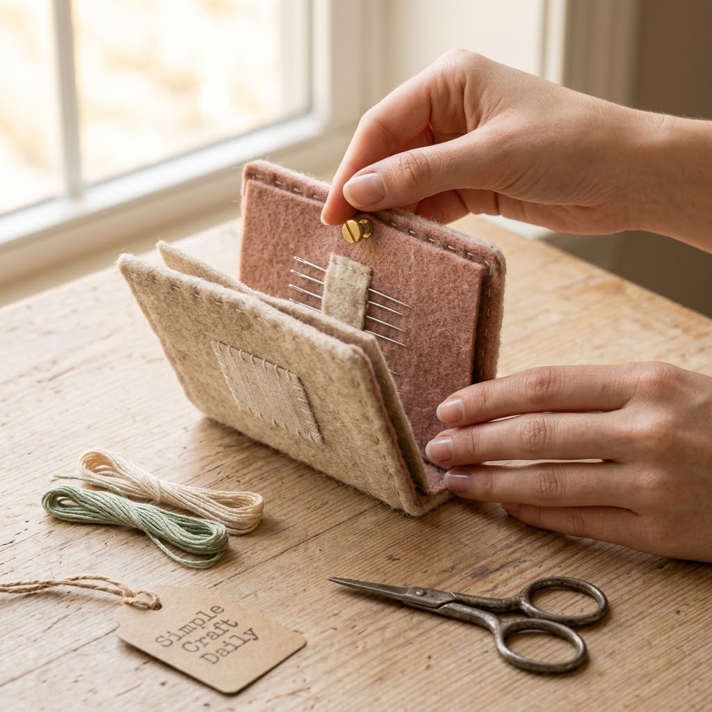 Soft wool felt needle book with embroidery needles and stitched linen patch