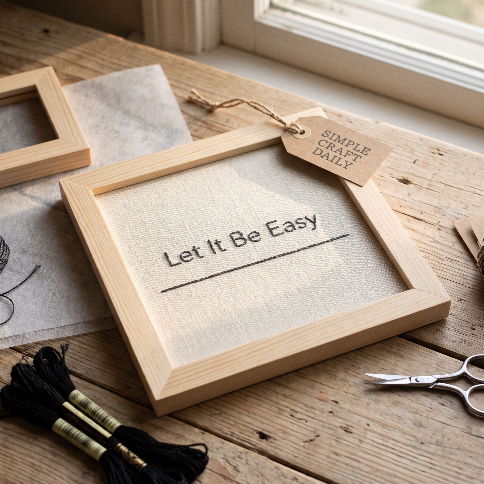 DIY embroidered wall art minimalist textile panel with Let It Be Easy lettering