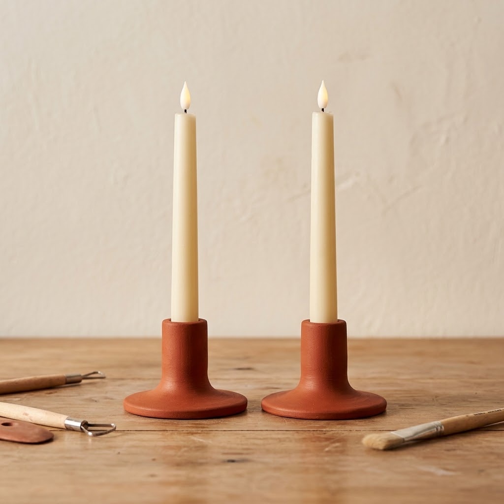 Matte terracotta clay taper holders with flameless candles