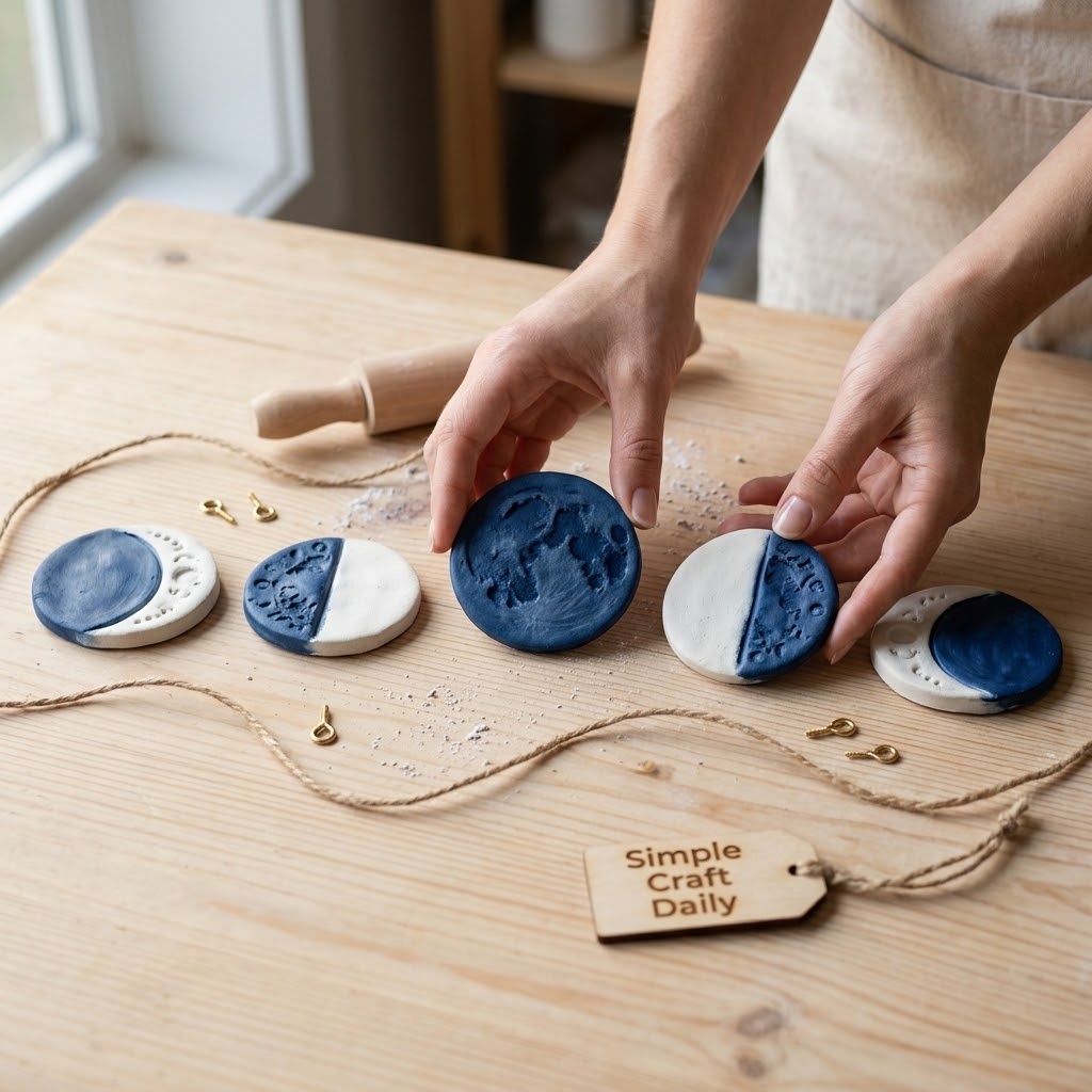 Easy air dry clay crafts moon phase discs with indigo details and jute cord