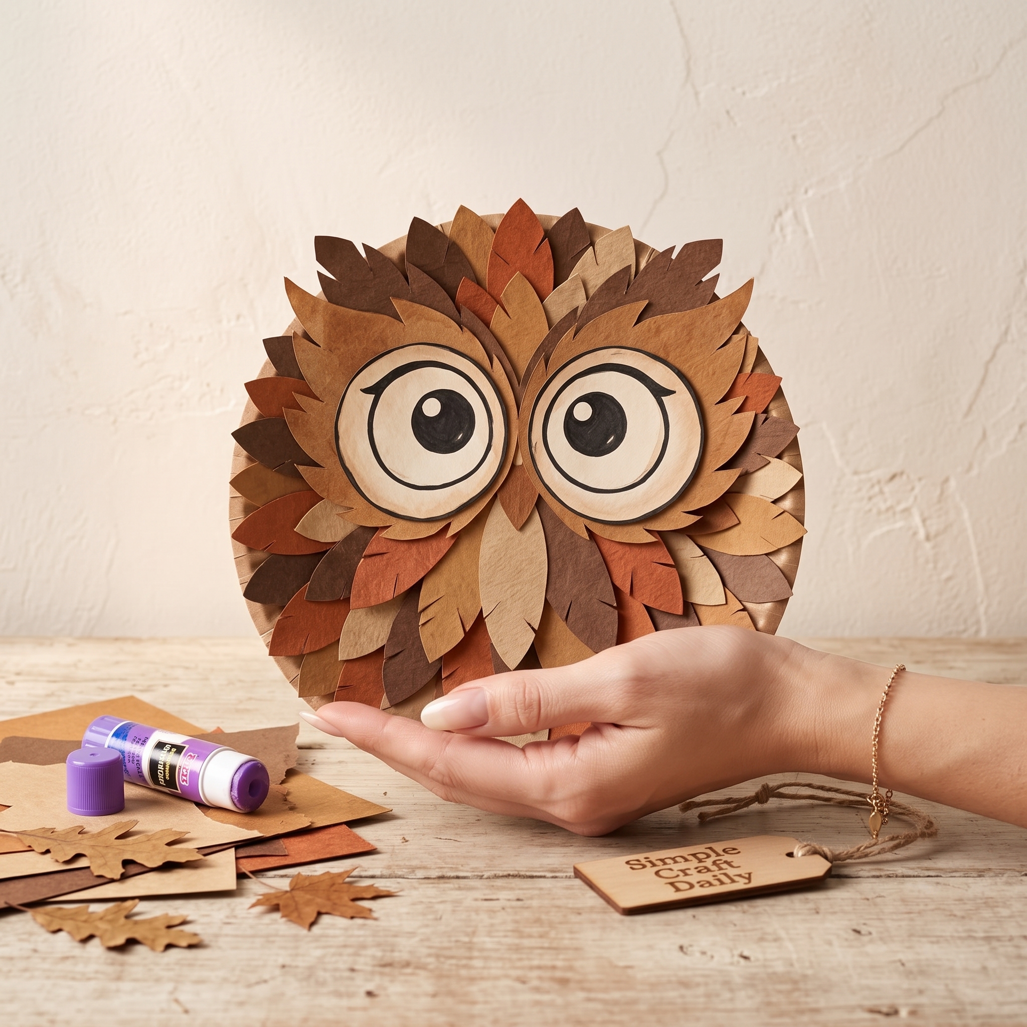 Layered brown and rust paper plate owl craft with hand-drawn eyes