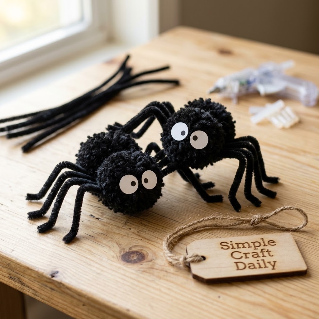 DIY cute Halloween decorations with playful black pom-pom spider shelf sitters