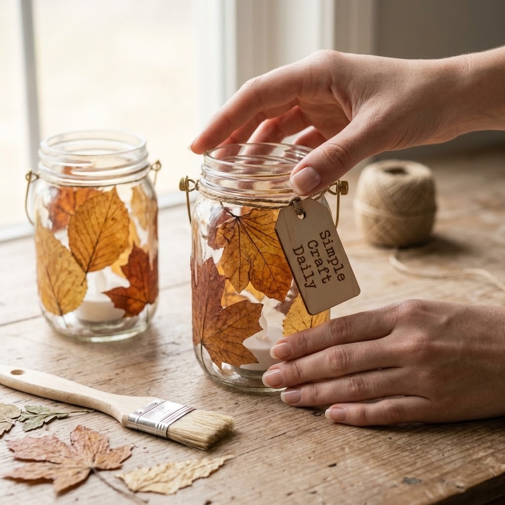 DIY fall decorations pressed leaf glass jars with LED tea lights