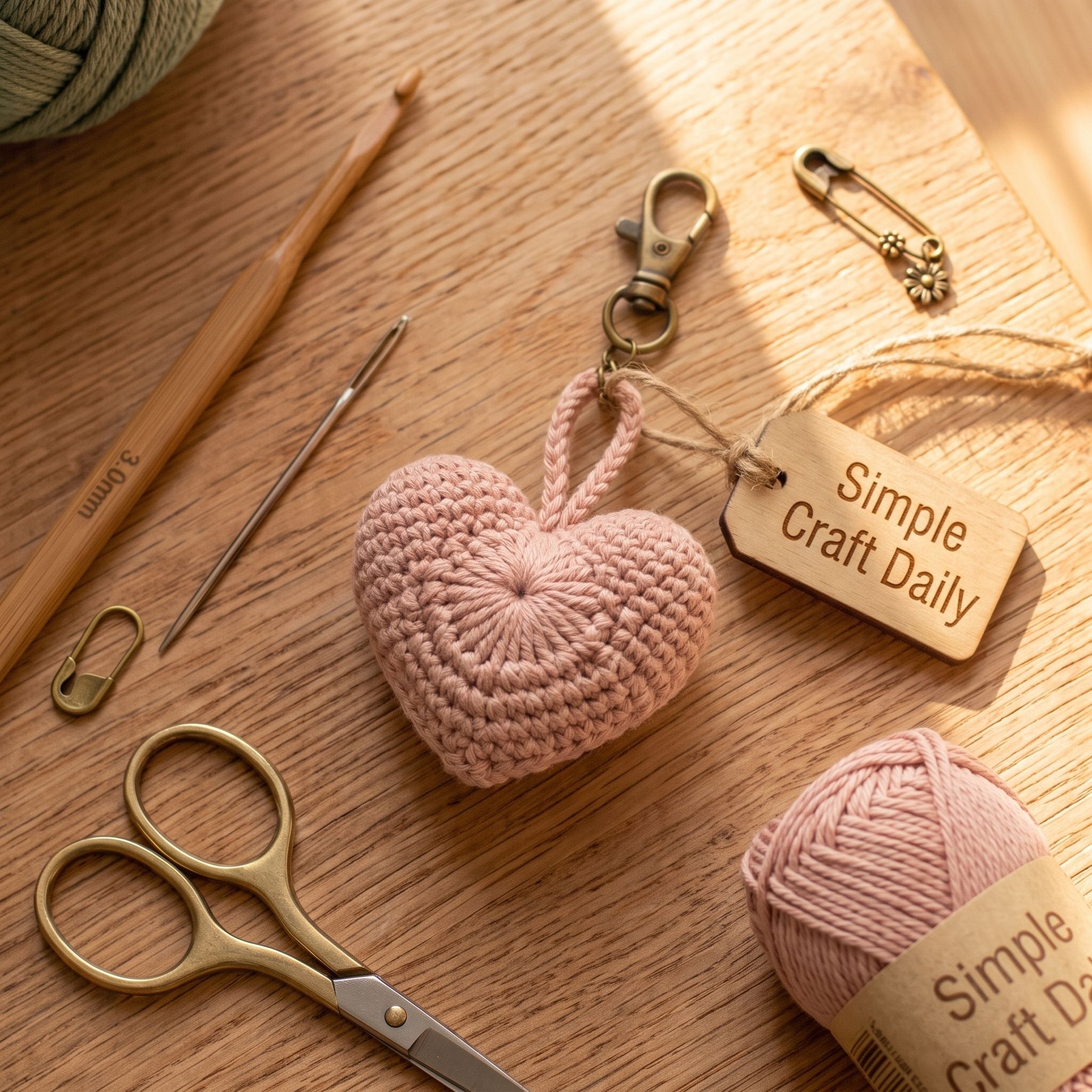 Dusty blush puffed heart DIY crochet keychain with a sturdy brass clasp
