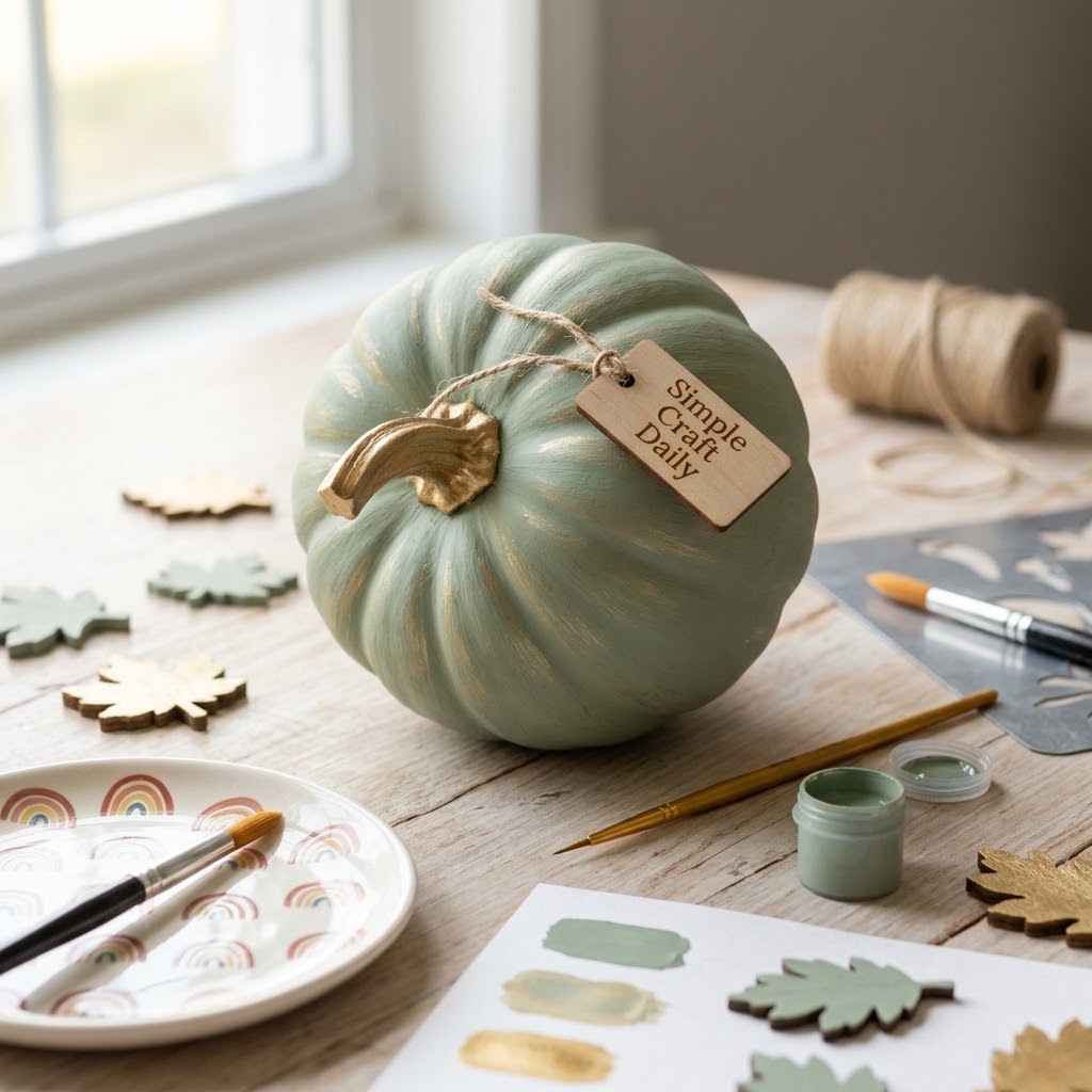 Sage green painted pumpkin with a metallic gold stem