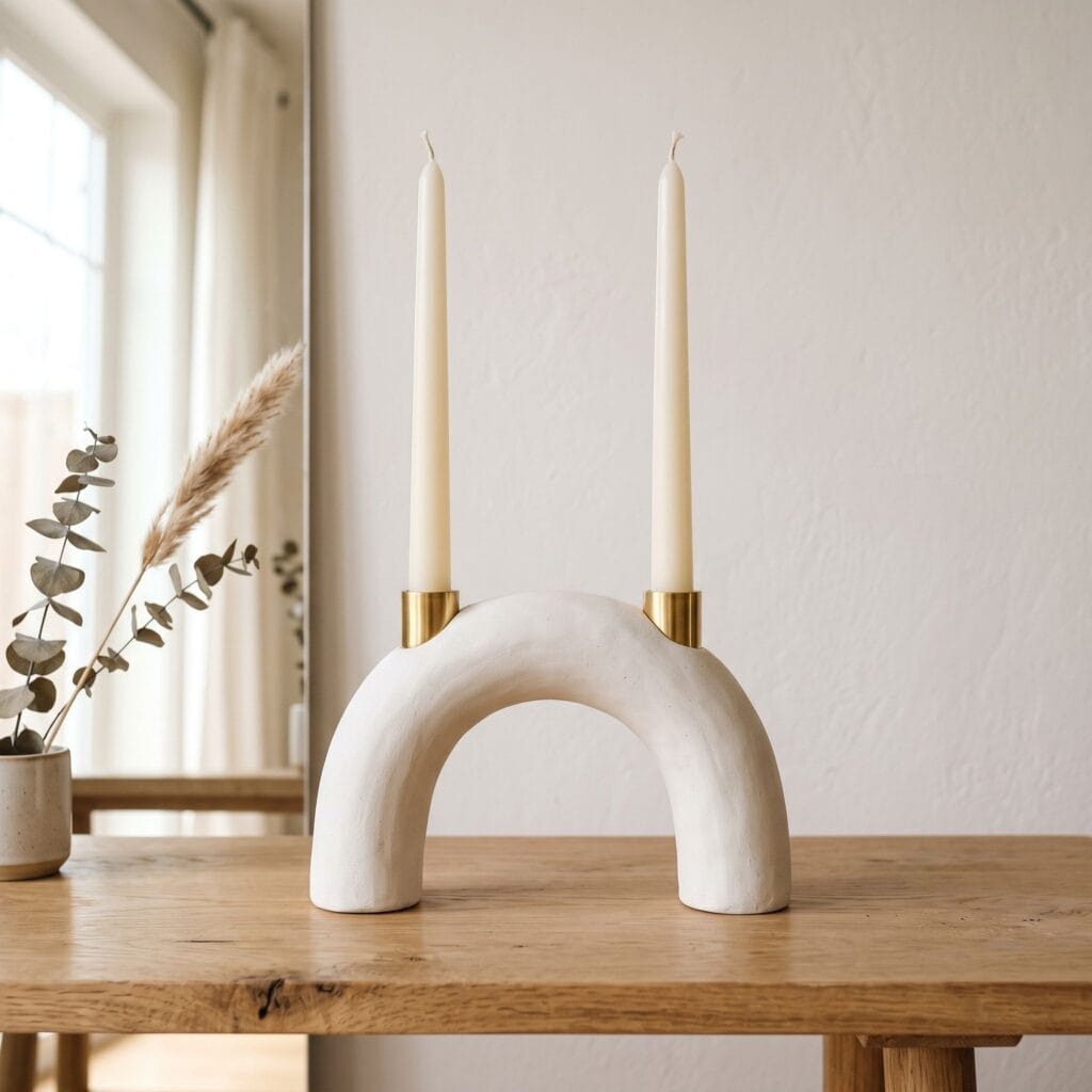 Artisanal white clay horseshoe arch candle holder supporting two slender taper candles on its shoulders with brass cups.
