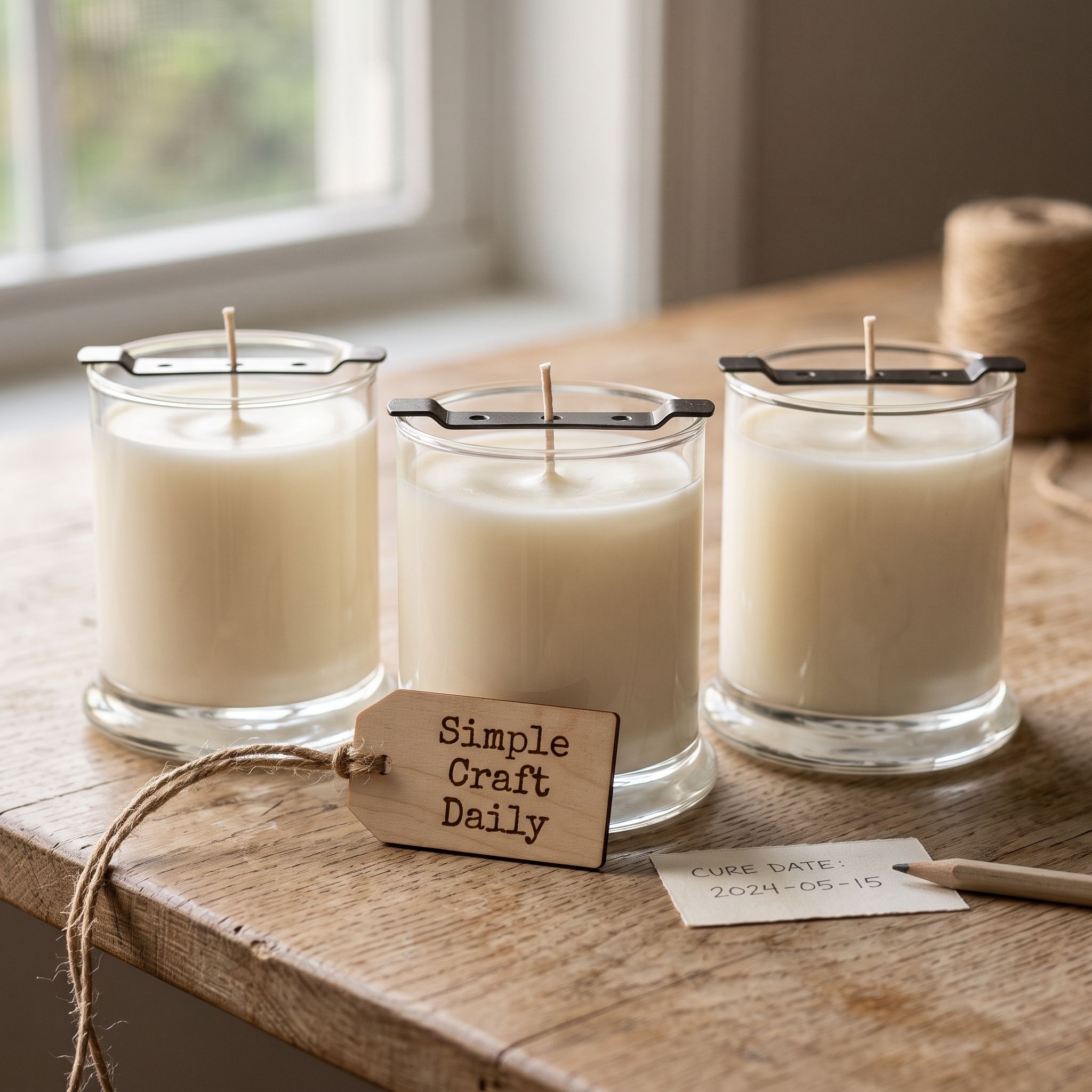 Freshly poured soy candles cooling with wick centering bars and cure-date labels