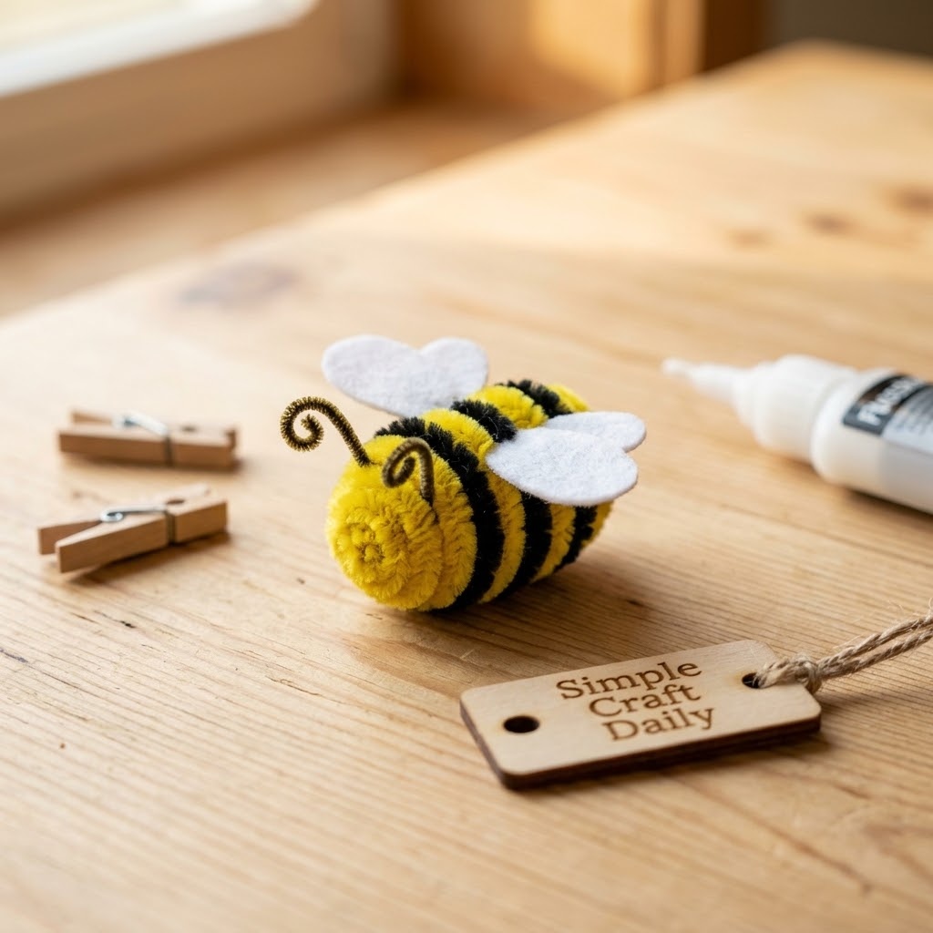 Yellow and black striped chenille bee with white felt wings on a craft table