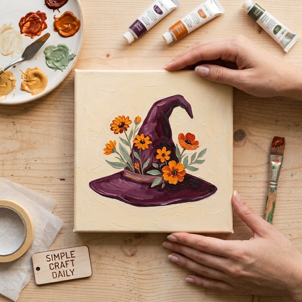 Plum witch hat with orange wildflowers on a cream painted canvas
