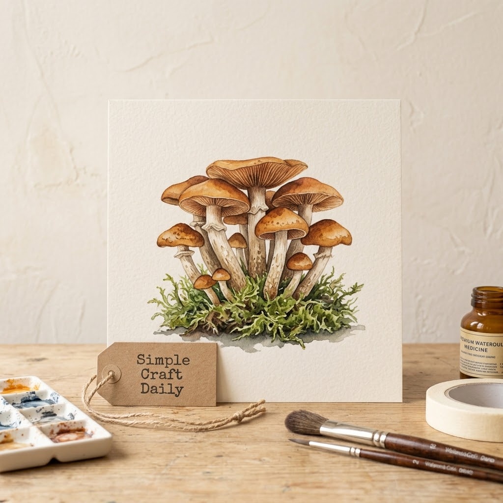 Hand-painted amber woodland mushrooms with russet caps and mossy watercolor ground.