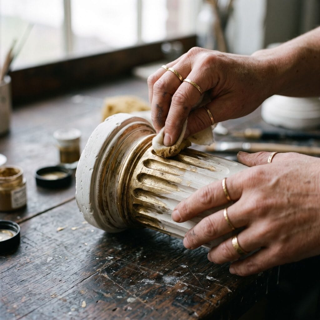 Cast cylindrical plaster candle stand featuring metallic antique gold gilding wax rubbed lightly along the raised ridges.