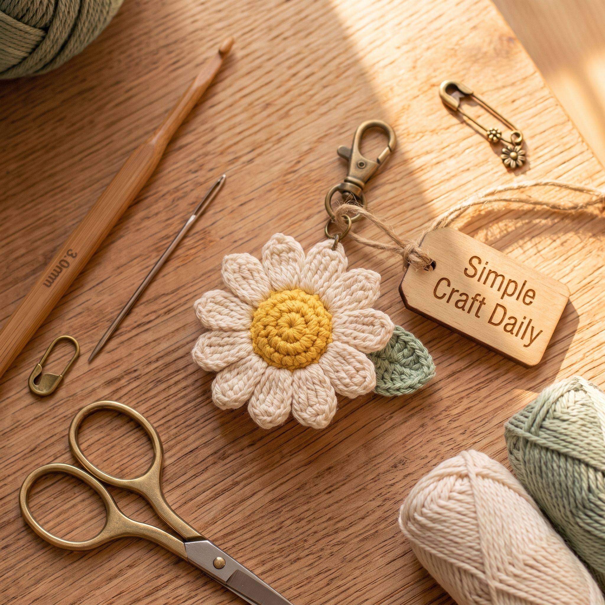 Cream and yellow daisy DIY crochet keychain with a sage leaf and brass clasp