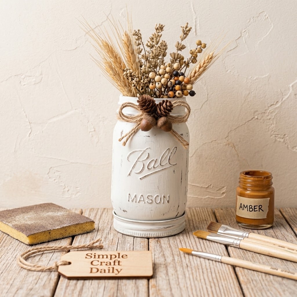 Distressed white DIY fall mason jar vase with dried wheat stems