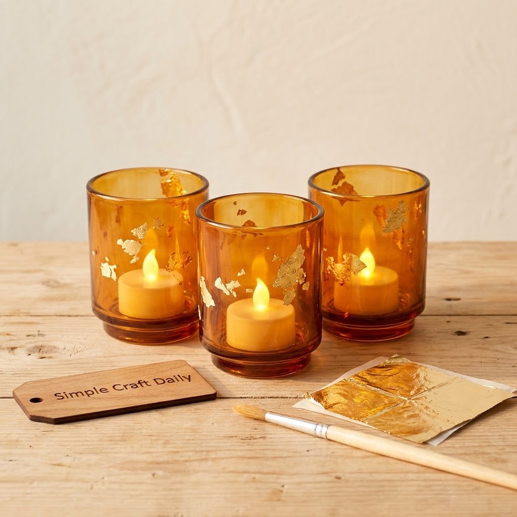 DIY fall decor amber glass votives with scattered gold leaf details