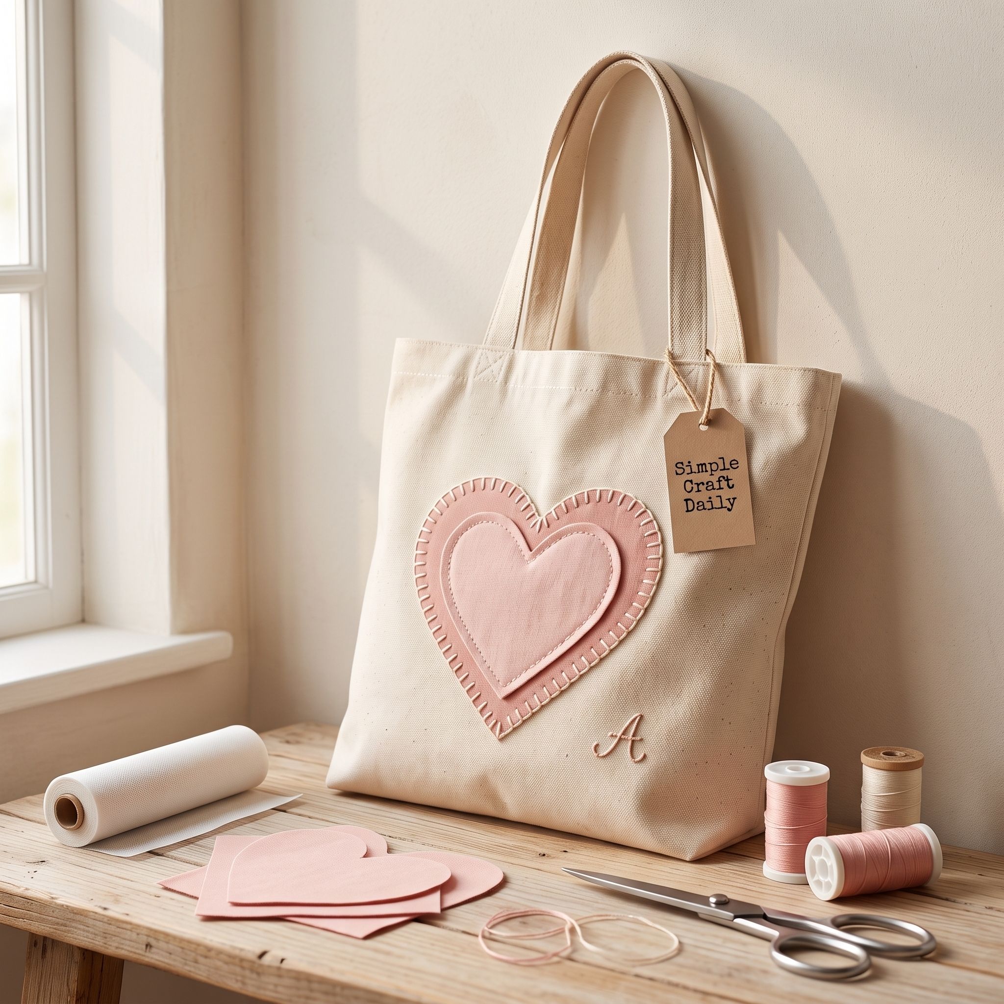 DIY personalized tote bag with blush heart appliqué and embroidered initial