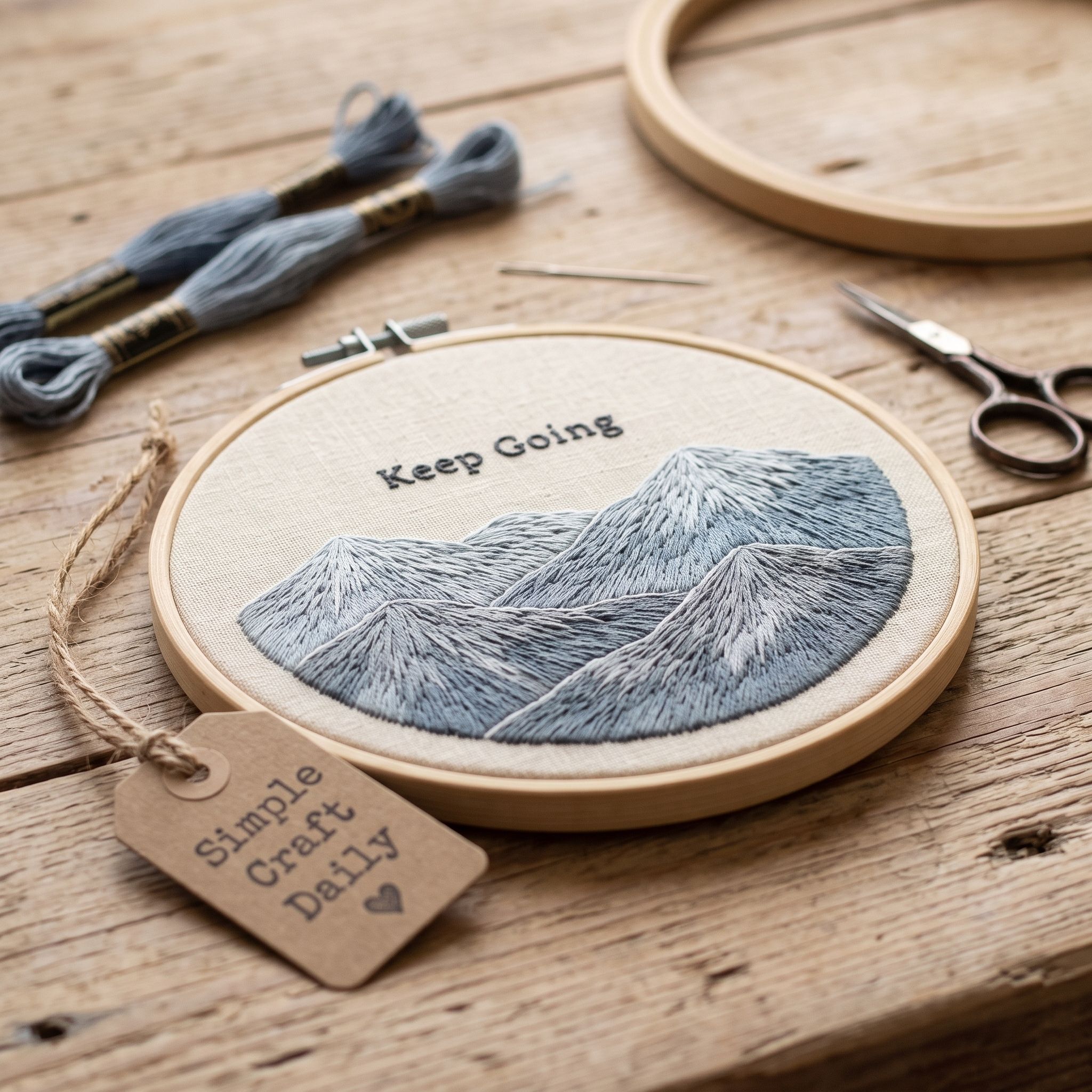 Muted blue mountain embroidery hoop with Keep Going lettering