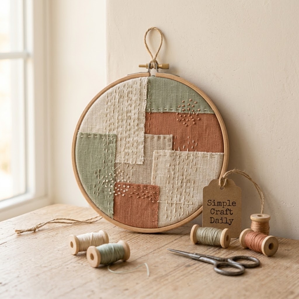 Slow stitching projects hoop wall hanging with layered linen and running stitches