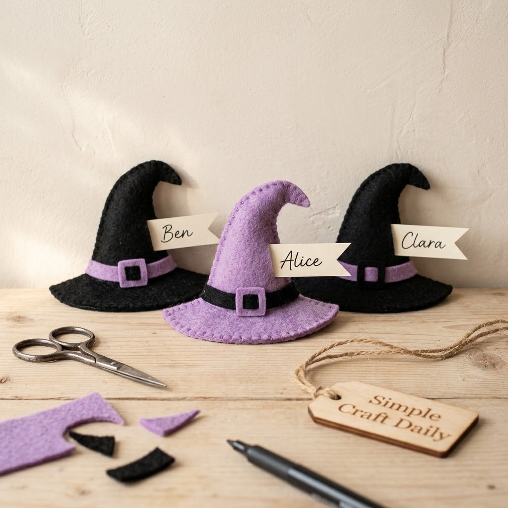 DIY cute Halloween decorations with pastel felt witch hat place cards