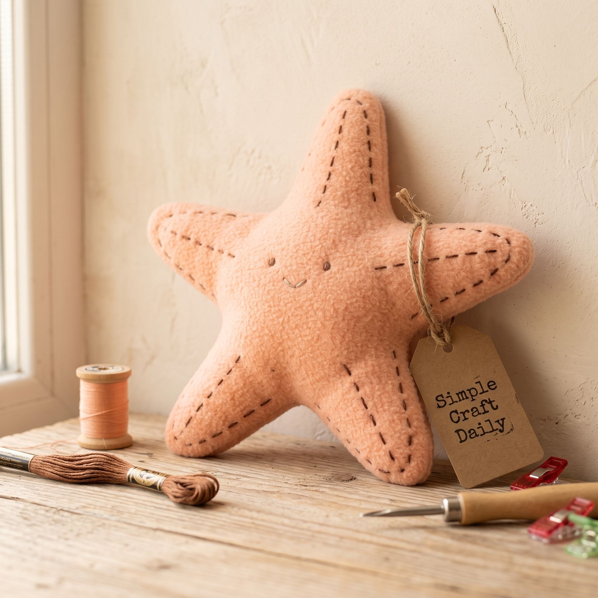 DIY Handmade Stuffed Animals peach fleece starfish with embroidered smile