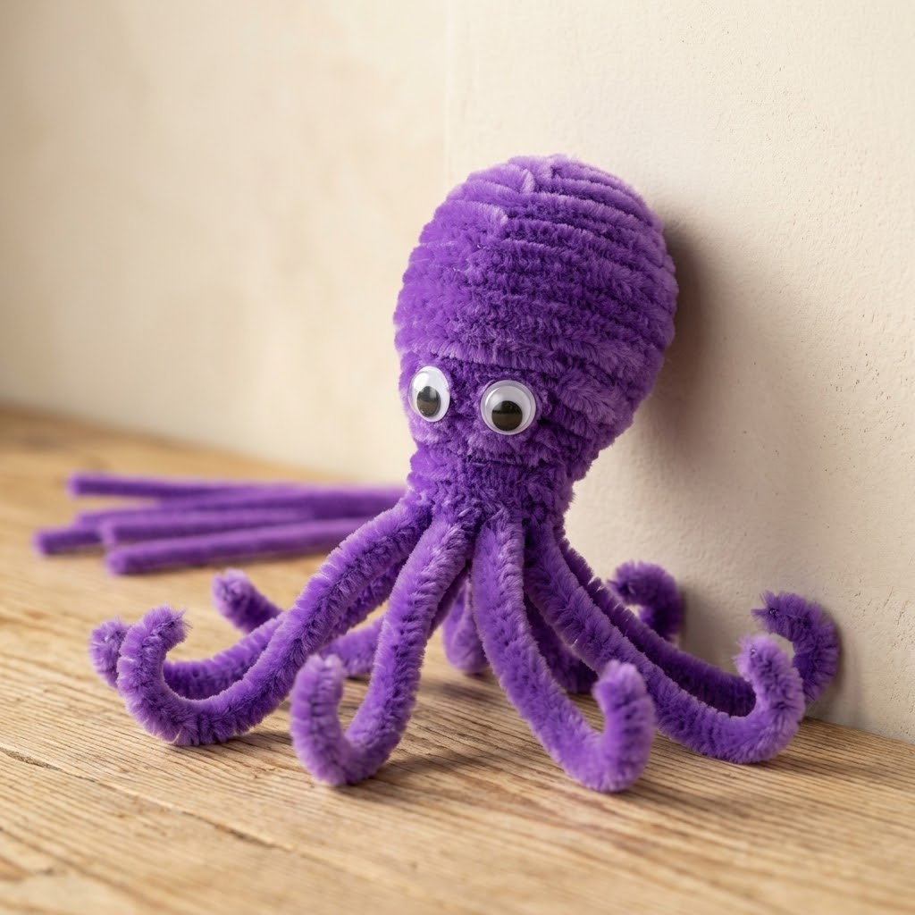 DIY pipe cleaner animals octopus with eight purple curled tentacles