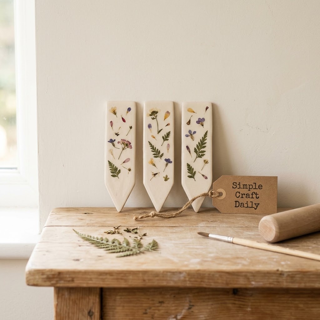 Ivory clay plant markers decorated with tiny pressed flowers and fern pieces