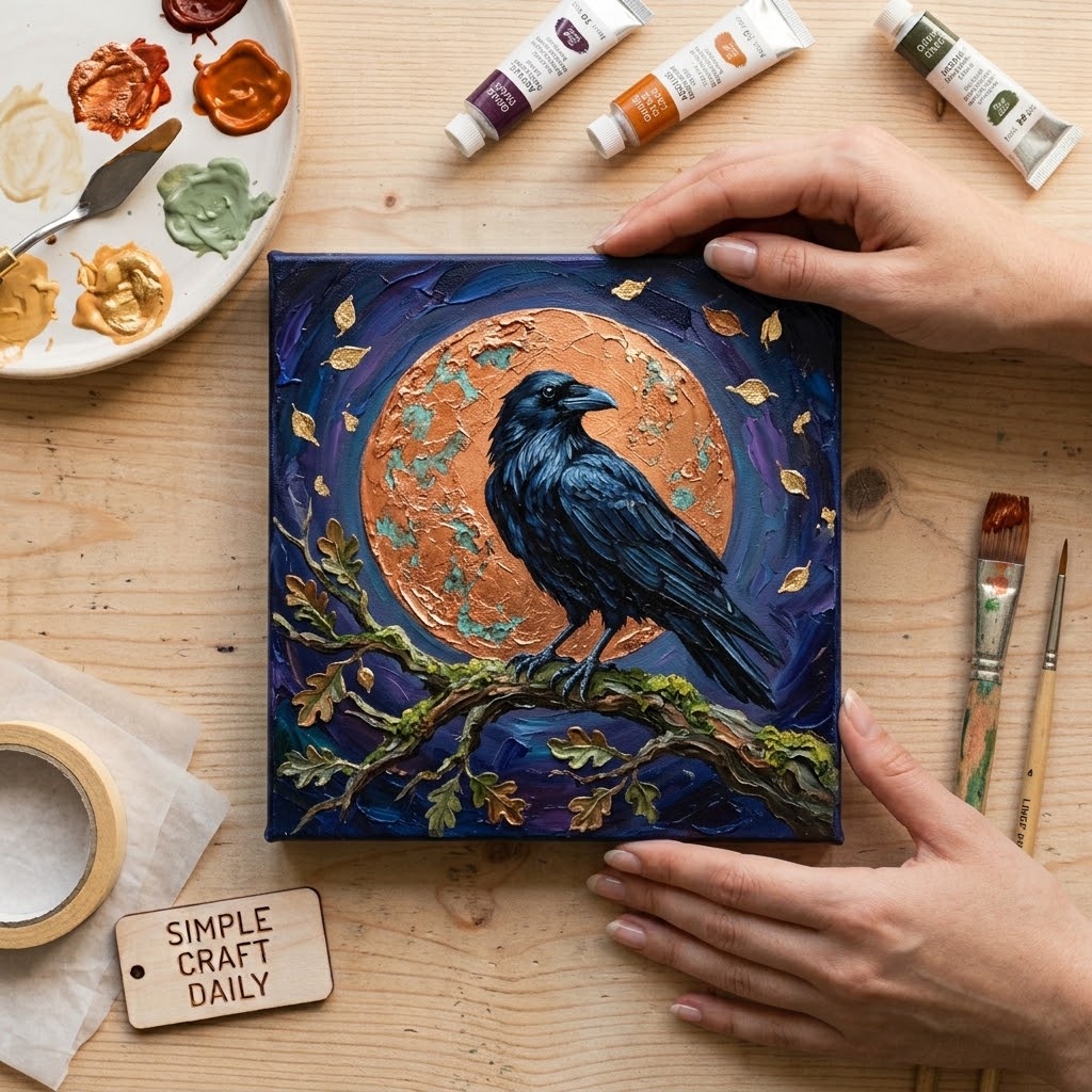 Raven silhouette on an oak branch with a copper moon