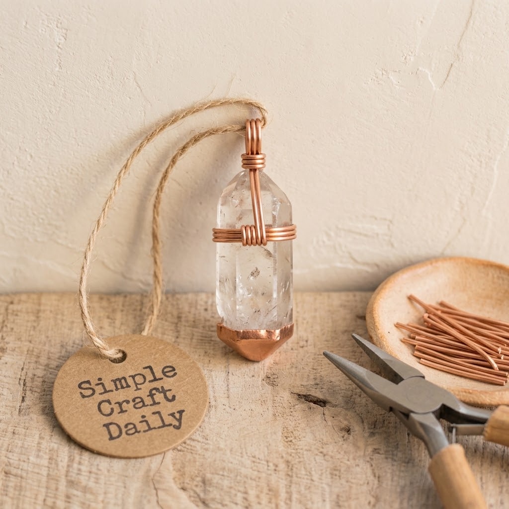 DIY wire wrap pendant with raw clear quartz point and copper cap