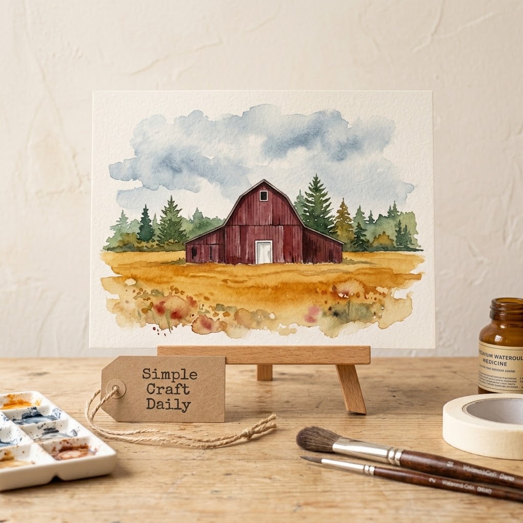 DIY autumn watercolor ideas shown in a red barn landscape with an ochre field.