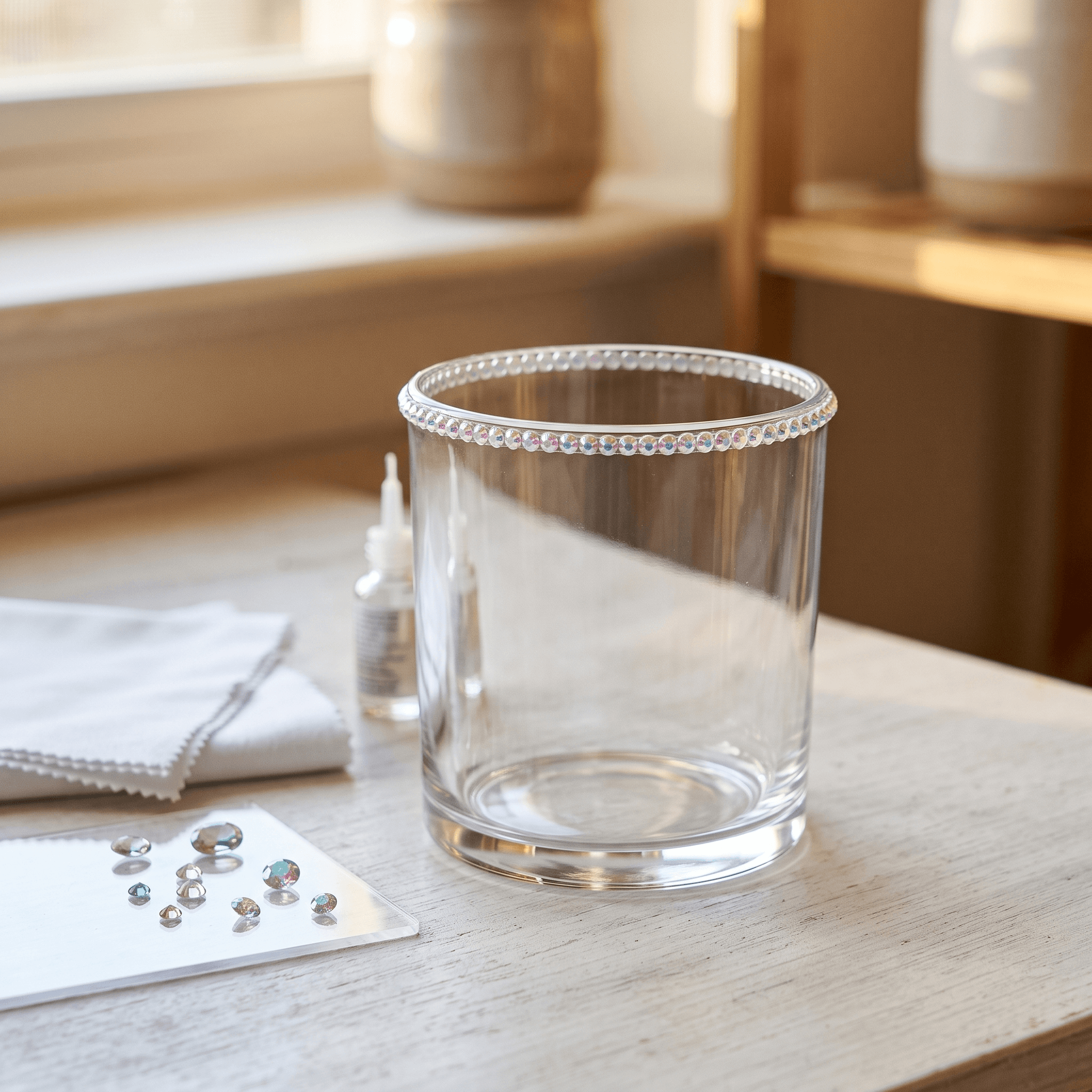 Clear glass candle holder with an iridescent rhinestone rim on a wooden table.