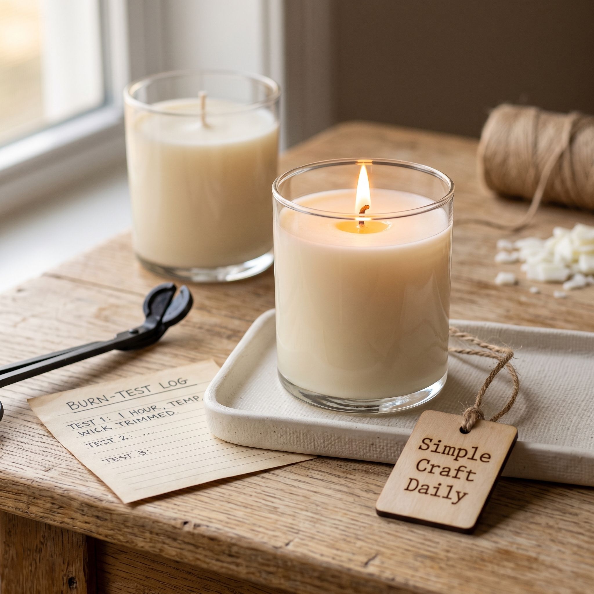 Soy candle test burn on a ceramic heat-resistant tray beside a handwritten performance log