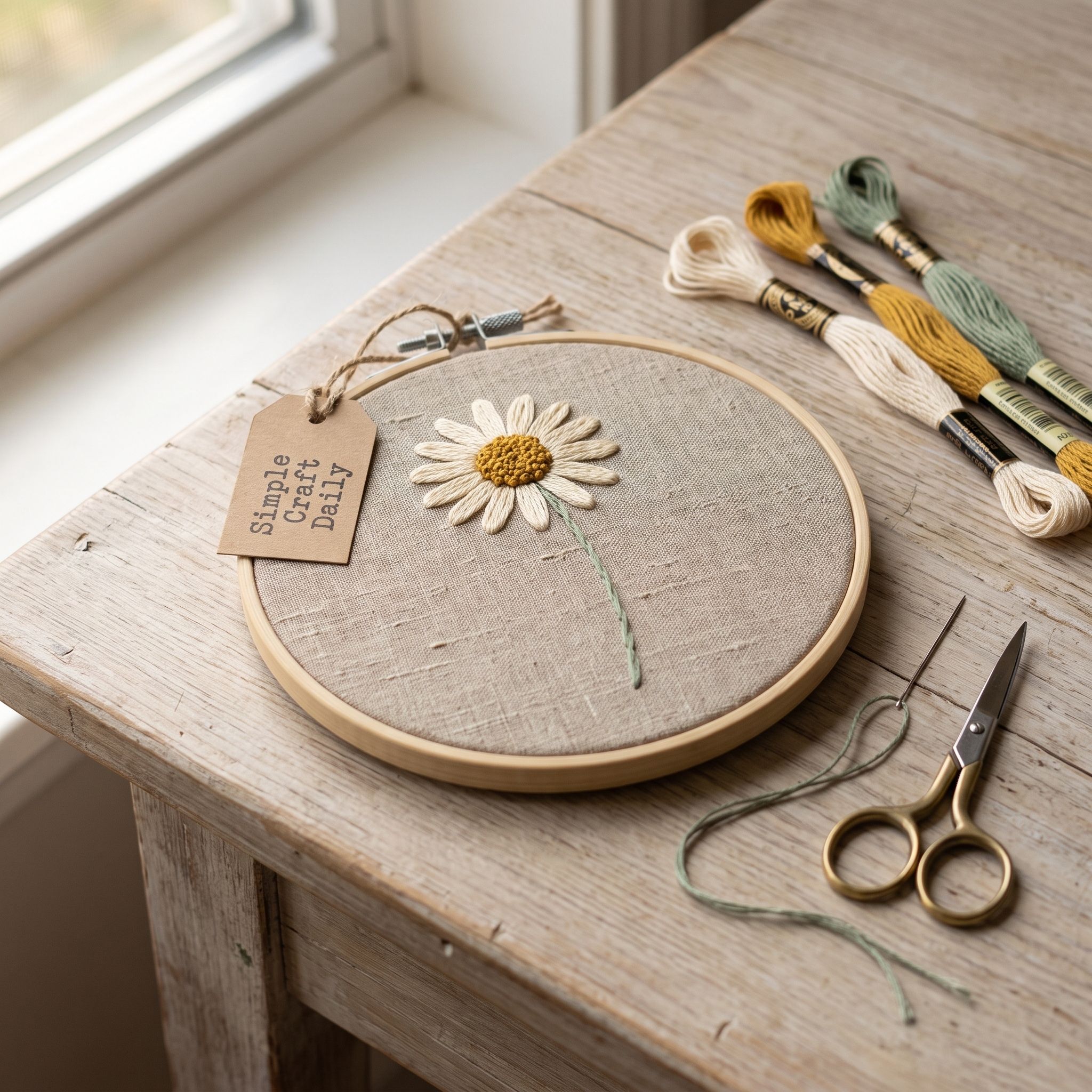 Cream lazy-daisy petals around a mustard center on a sage embroidered stem