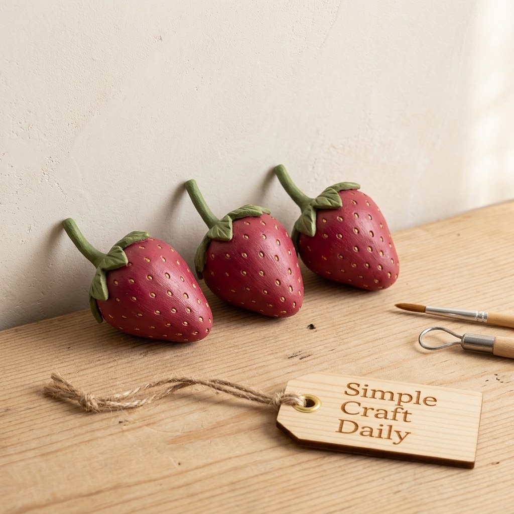 Easy air dry clay crafts strawberry planter picks with red paint and green tops