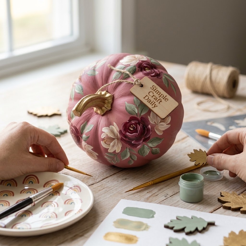 Pumpkin painting ideas with vintage burgundy roses and sage leaves on blush