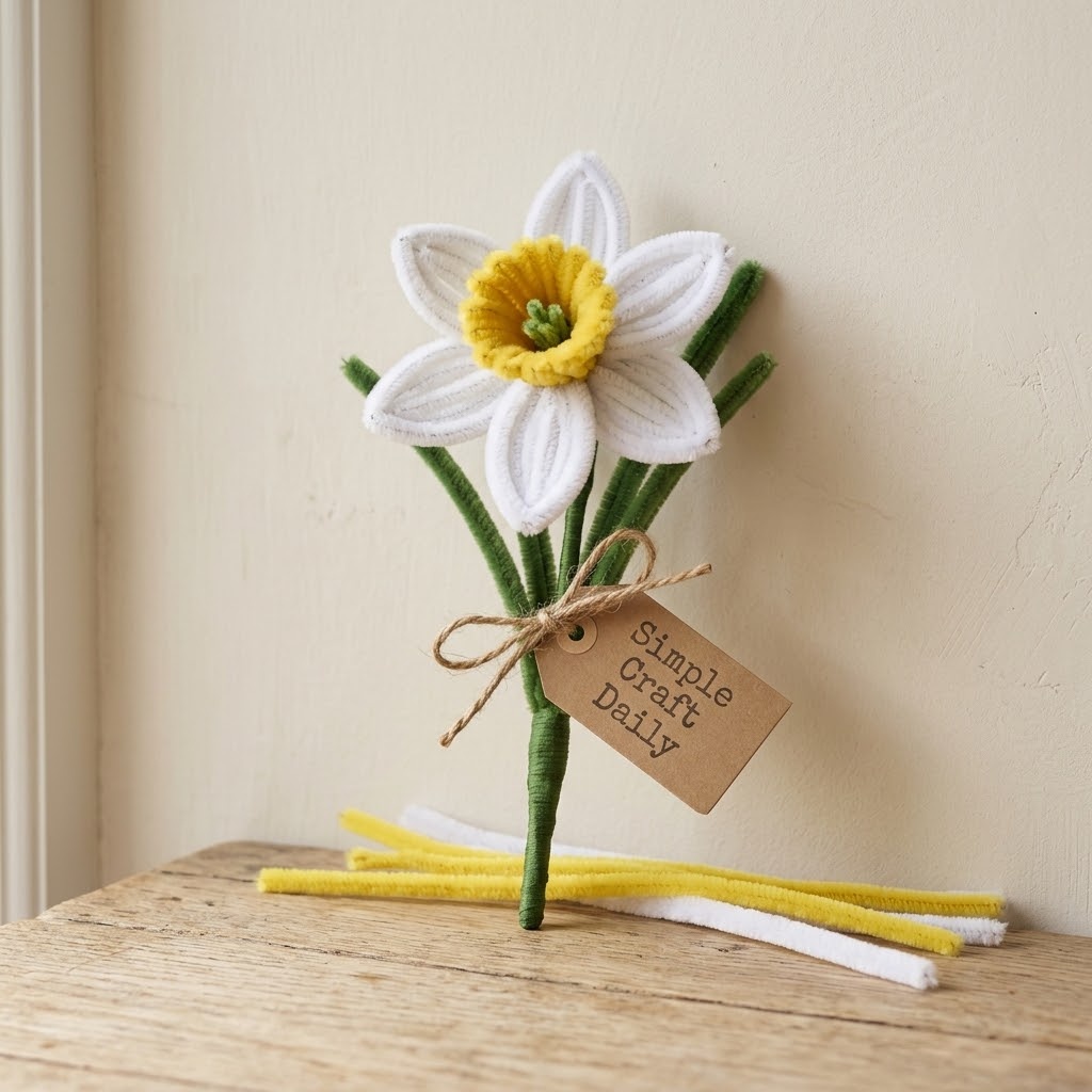 White DIY pipe cleaner flowers made as daffodils with yellow trumpet centers