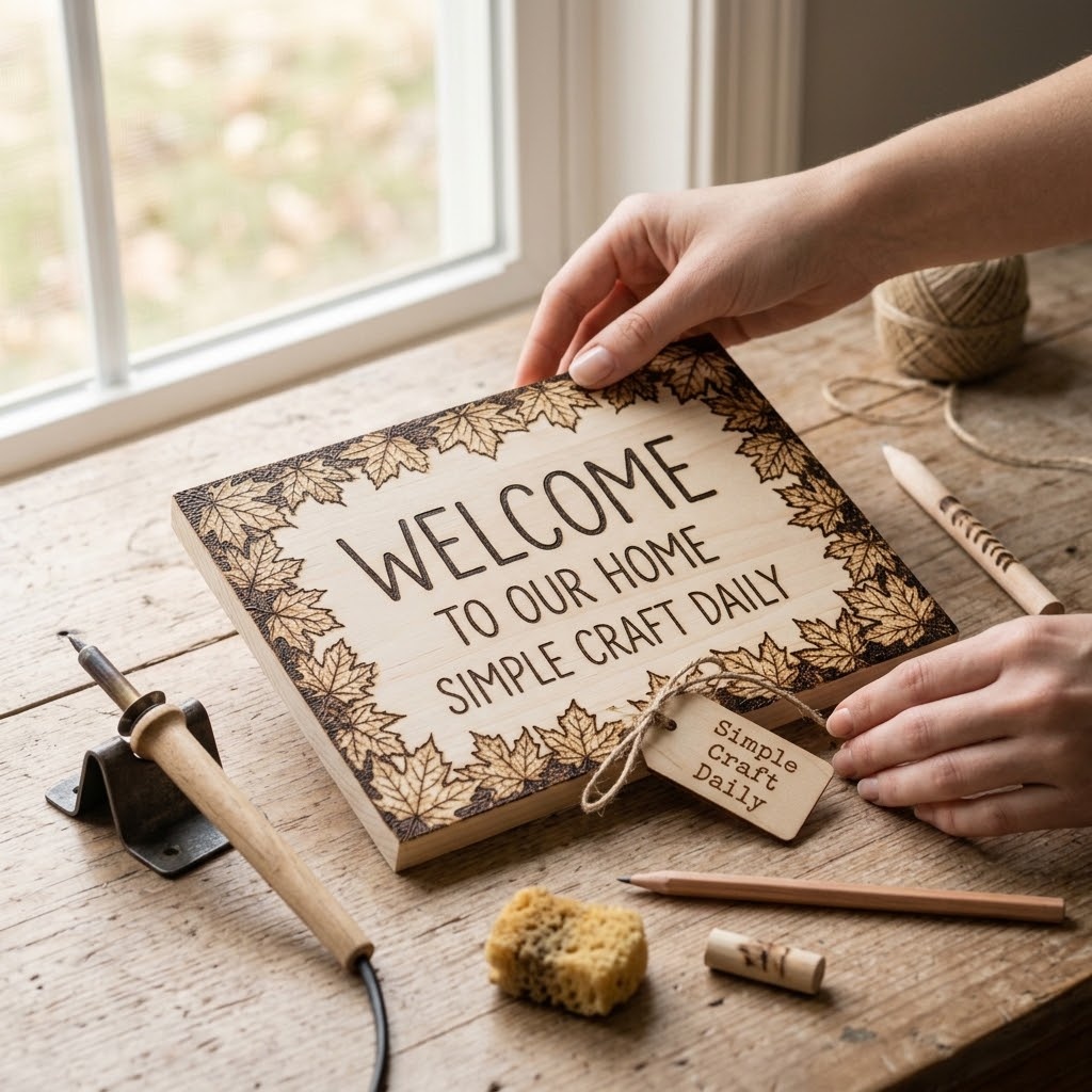 DIY fall decorations wood burned welcome sign with leaf border