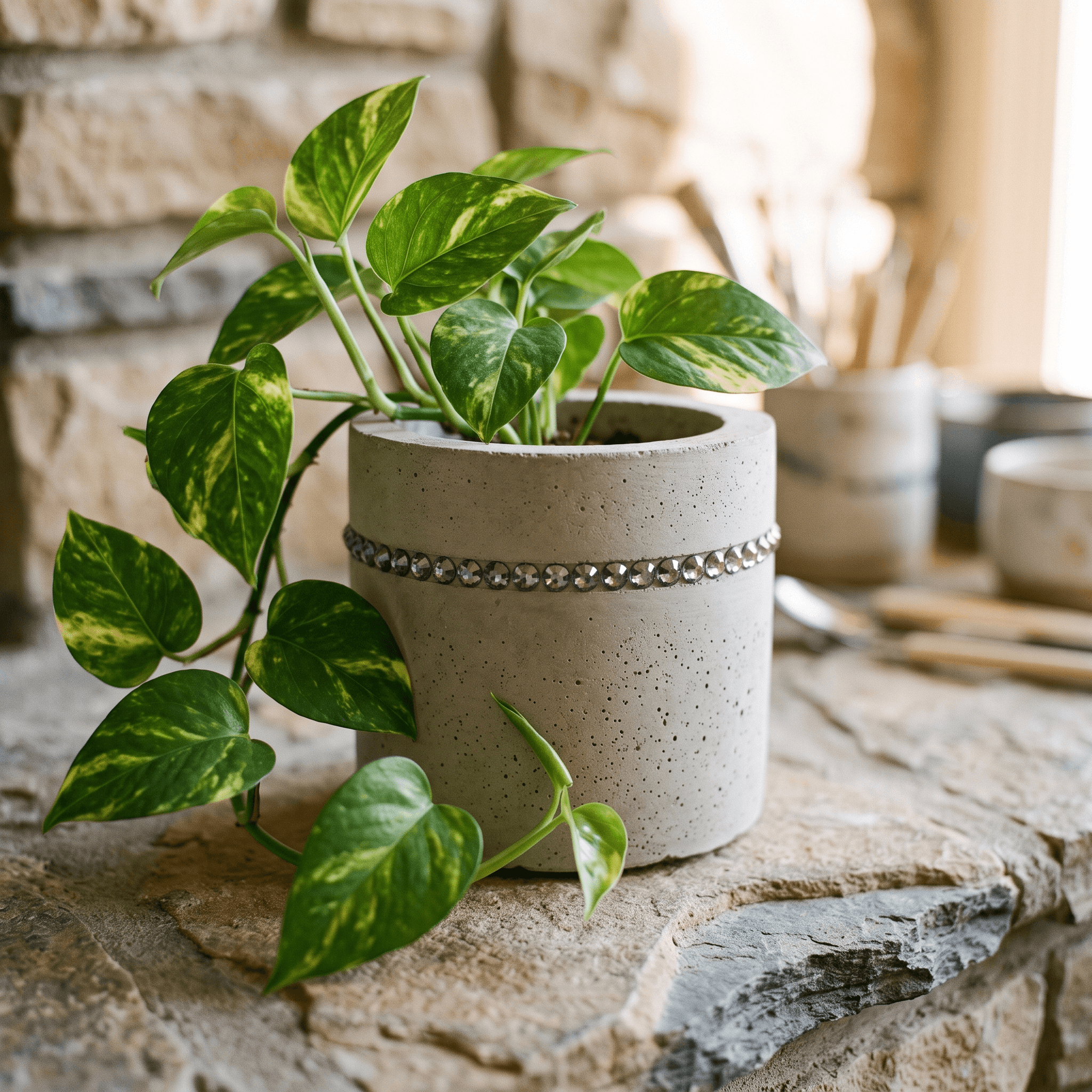 Concrete planter pot with a rhinestone band holding a green pothos plant.