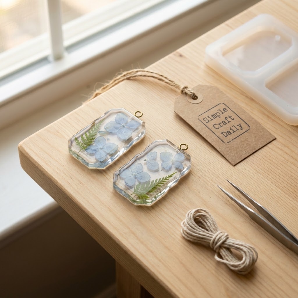 Translucent resin window charms with pale blue petals and fern tips