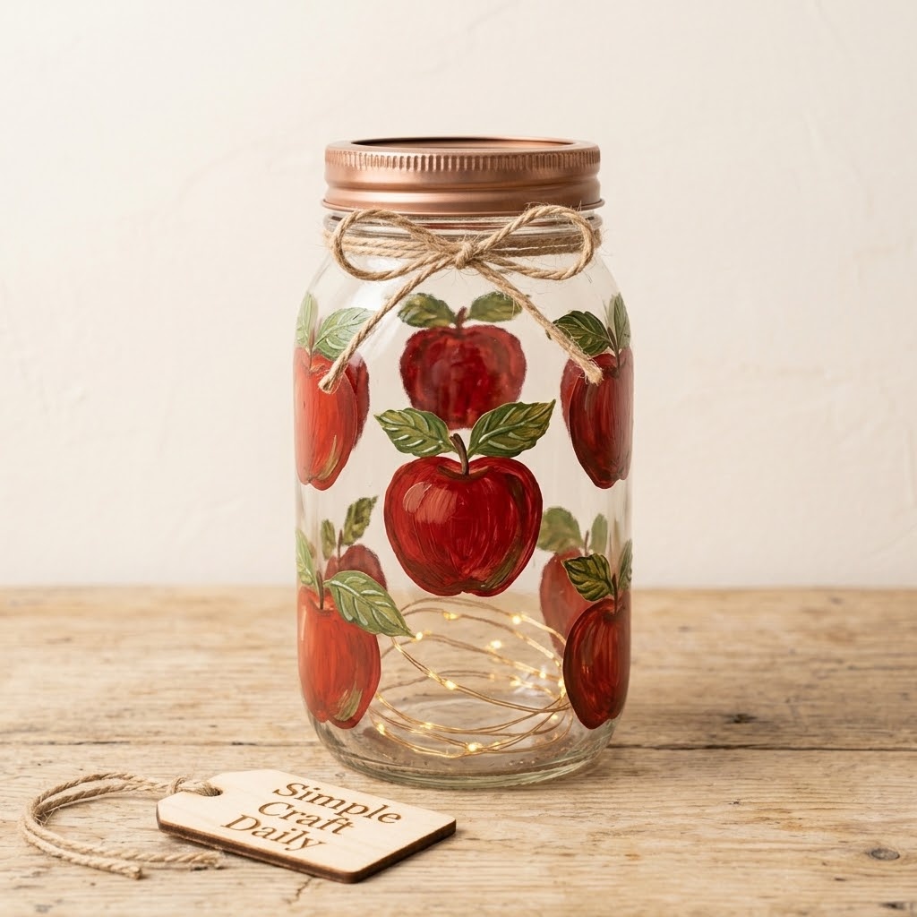 Hand painted cinnamon apple mason jar with red apples and jute bow