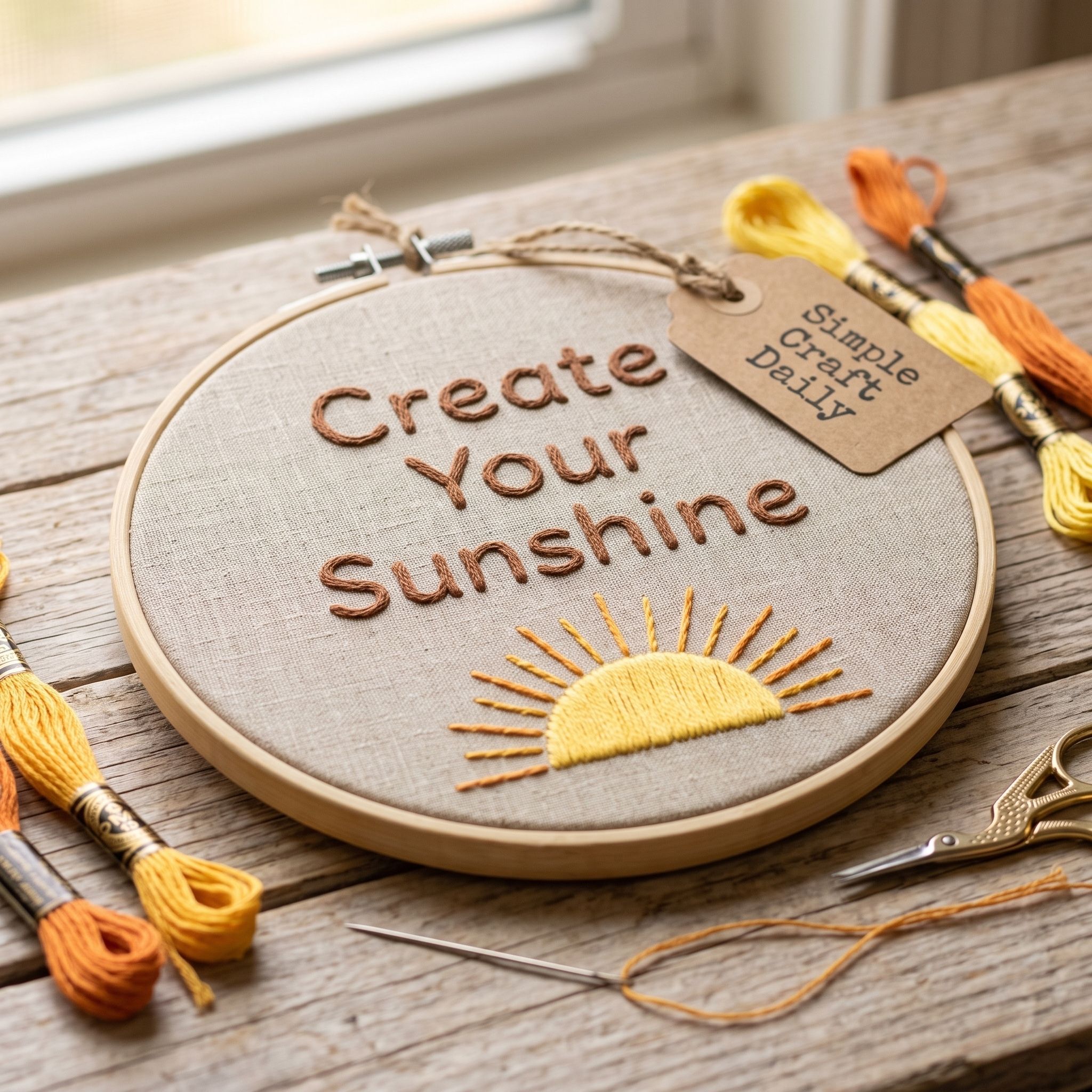 Create Your Sunshine quote hoop with buttercup satin-stitch sun