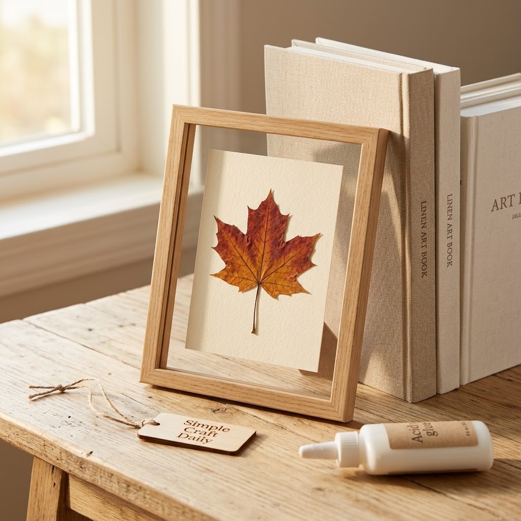 Framed pressed maple leaf on ivory cardstock with warm autumn styling